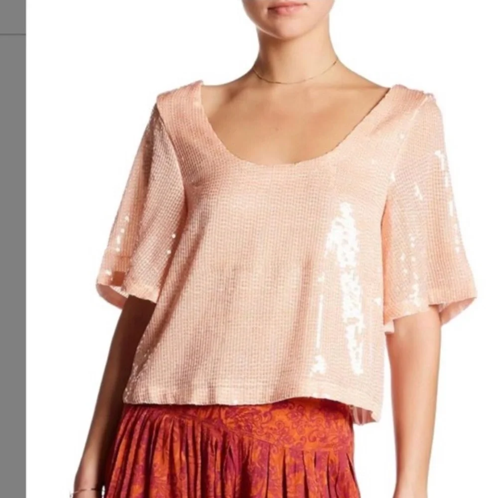 Free People Night Fever slink blush sequin party crop top women size XS - Picture 2 of 7